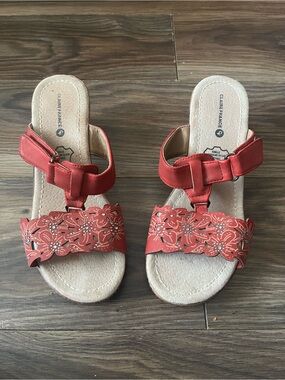 Clair France Red Floral Laser-Cut Slide Sandals
